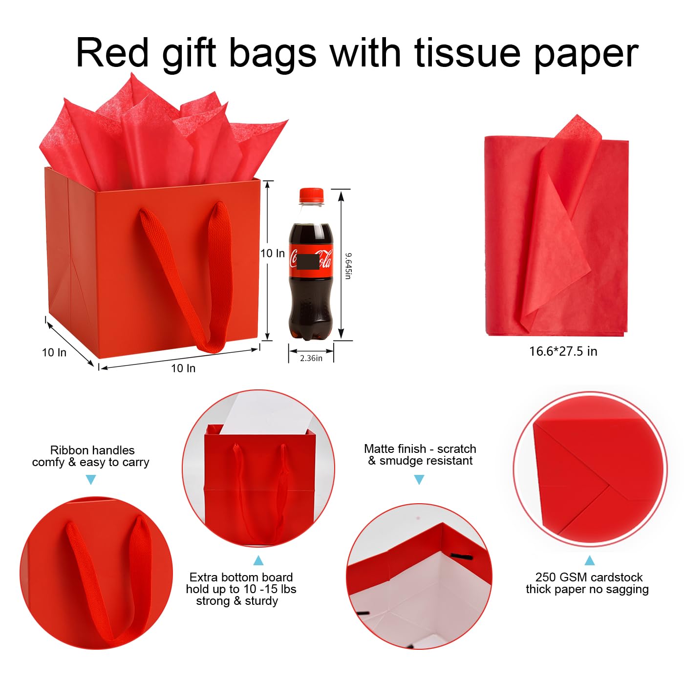 Aosric Red Gift Bags with Tissue Paper, 24 Pack 10x10x10 In Square Reusable Thick Paper Bag for Christmas, Halloween Treats, Wedding, Baby Shower, Birthday Party Favor, Return Gifts