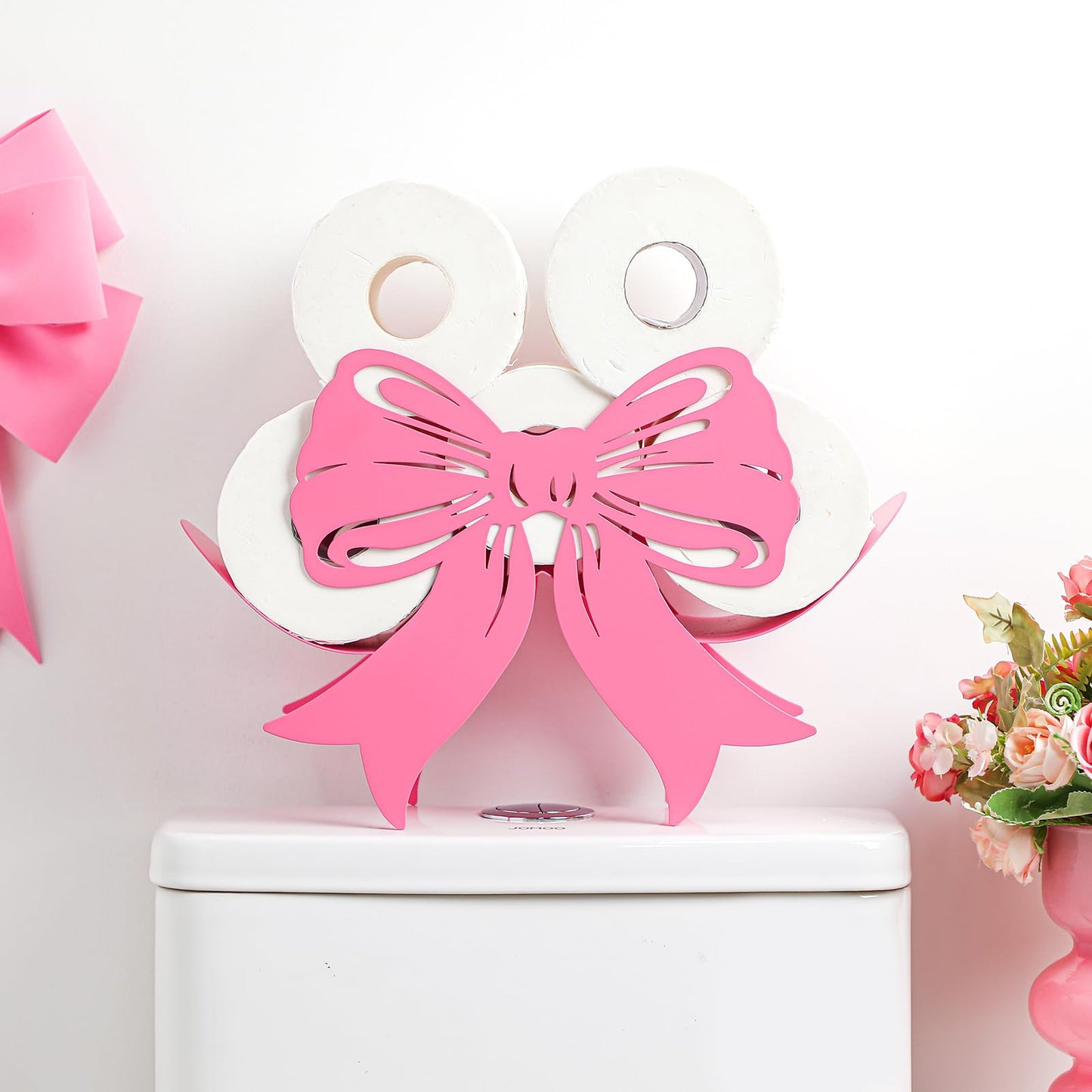 Geelin Bow Metal Toilet Paper Storage Holder Wedding Bow Bathroom Decor 8 Rolls Decorative Toilets Paper Holder Wall Mounted for Bathroom Kitchen Bedroom Coquette Home Decor(Pink)