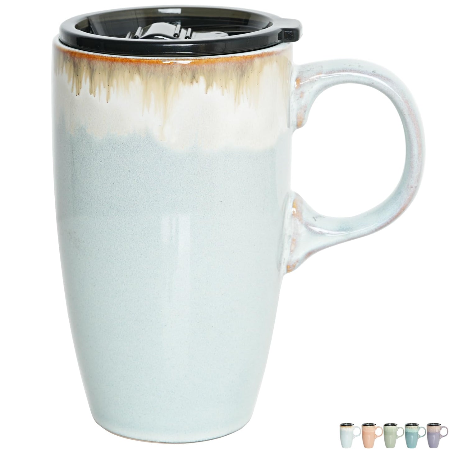 Bosmarlin Ceramic Travel Coffeel Mug with Handle and Lid, 18 oz, Portable Coffee Cup for Car Cup Holder, Microwave and Dishwasher Safe, Reactive Glaze (Light Grey Blue)