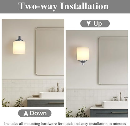 Polished Chrome Milk Glass Wall Sconces, 1 Pack Hardwired Indoor Wall Light Fixtures for Living Room, Hallway, Bedroom, Ceramic E26 Sockets (Bulbs Not Included)