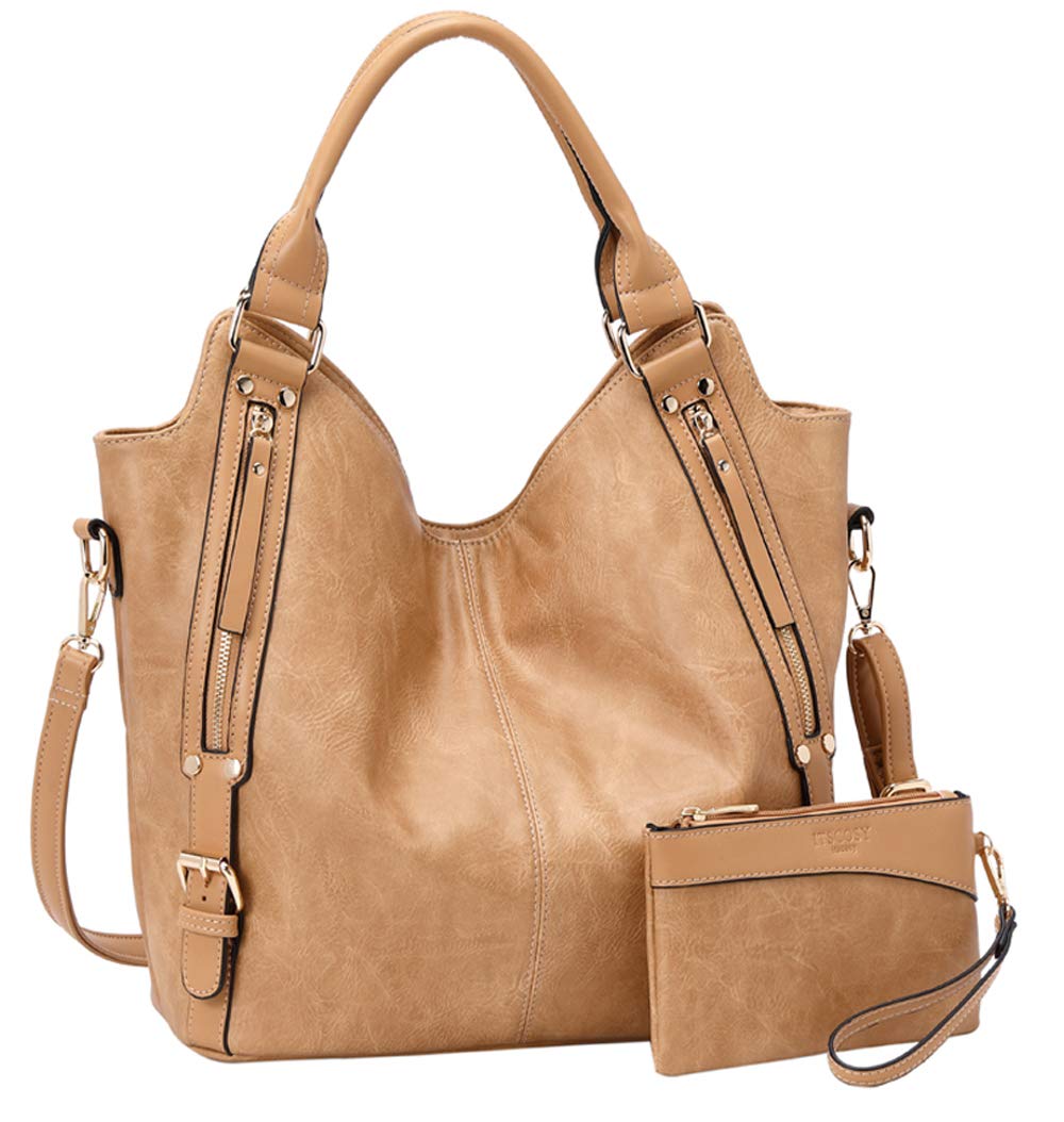 Women Tote Bag Handbags PU Leather Fashion Hobo Shoulder Bags with Adjustable Shoulder Strap (Apricot, M)