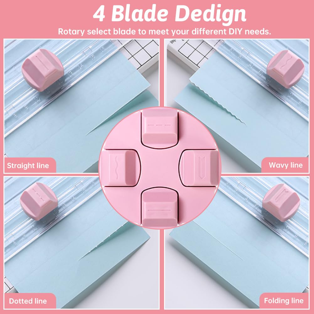 Paper Cutter,4-in-1 Paper Trimmer,Photo Cutter,Multi-Function Scrapbooking Tool with Dial Blades of Straight,Wave,Perforated,Creasing for Cutting Paper,Coupons,Postcards,Card (Pink)