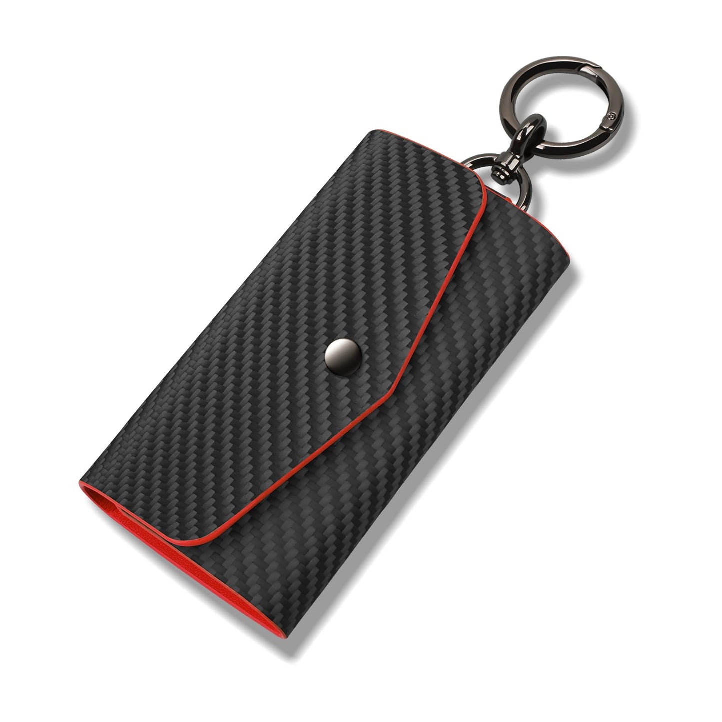 Leather Keychain Wallets Portable Key Holders Pouch Multiple Key Organizer, Key Holder with 6 Hooks for Men or Women,Carbon Fiber Pattern,Red