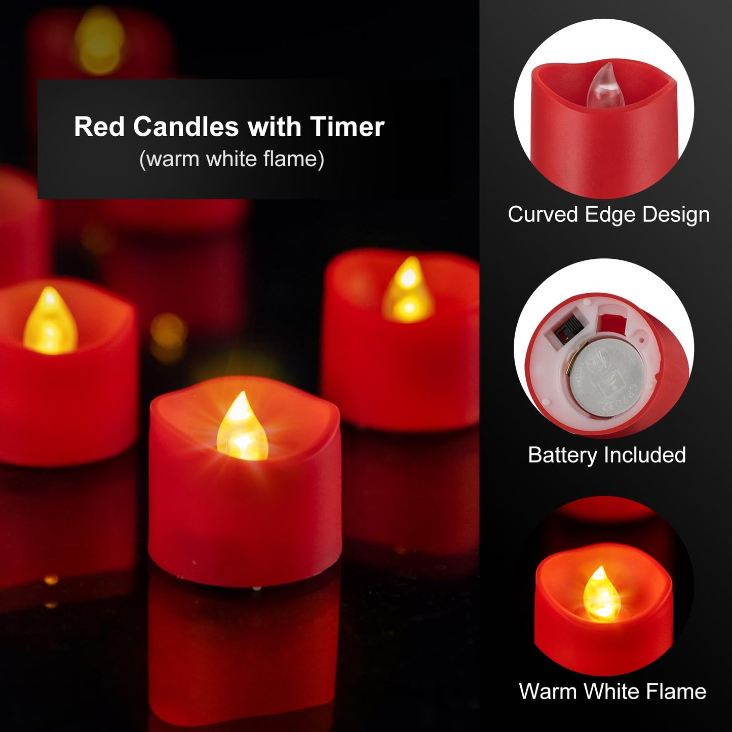 Windshell Red Base Warm White Flickering Flame LED Tea Lights, 6H Timer (No Remote), Battery Operated Flameless Tealight Candles for Christmas Holiday Home Decor, 12 Pack