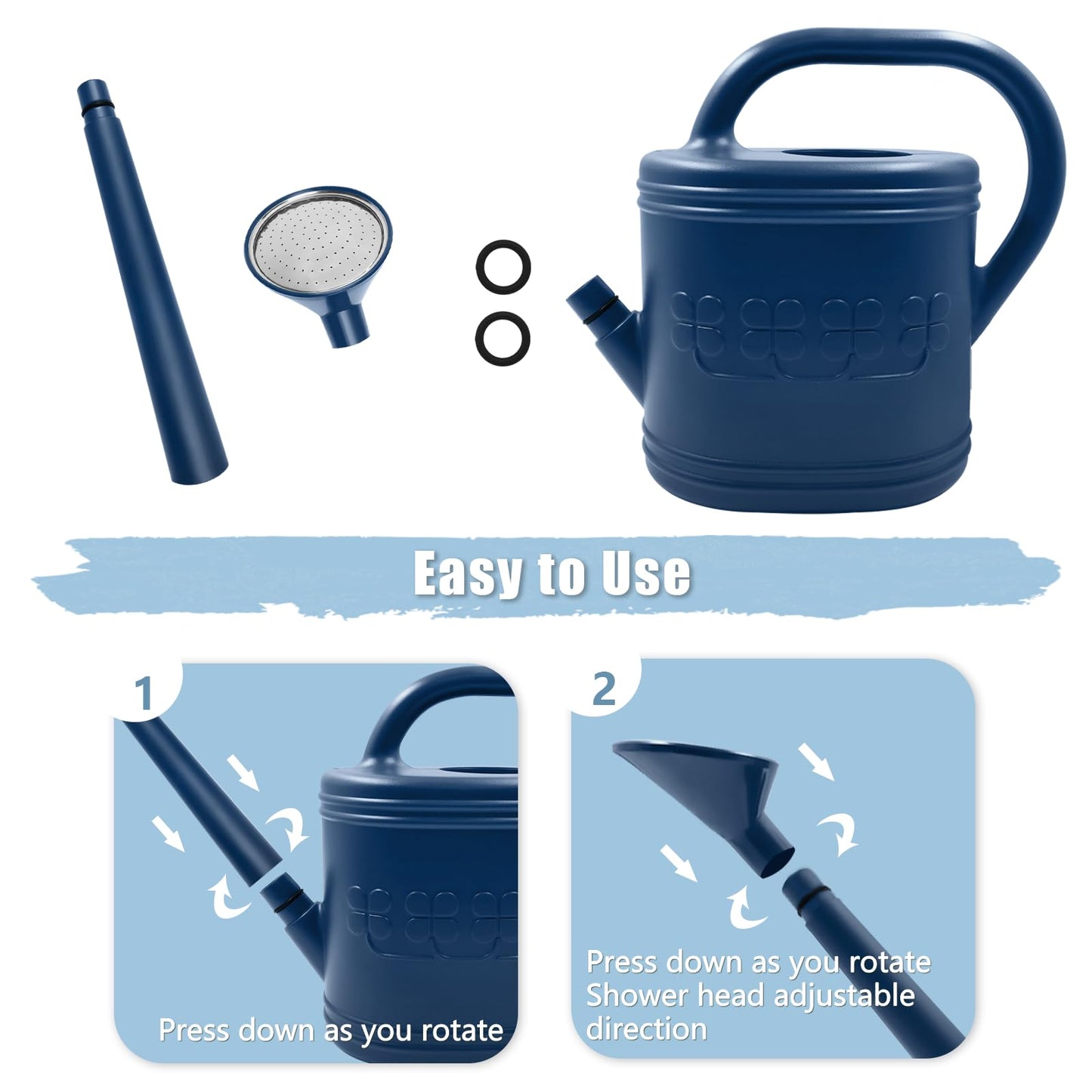 2 Gallon Watering Can, Outdoor Watering Can for Plants, Garden Water Can with Removable Long Spout and Stainless Steel Sprinkler Head, Large Water Can for Greenhouse Flowers Plants (Dark Blue)