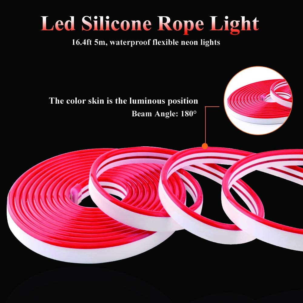 YM E-Bright Red Led Neon Strip Light Without Power Supply, 12V Silicone Indoor Outdoor 16.4Ft 600SMD Waterproof Flexible for Signboard Bar Home TV Kitchen Bedroom Party Holiday Decoration