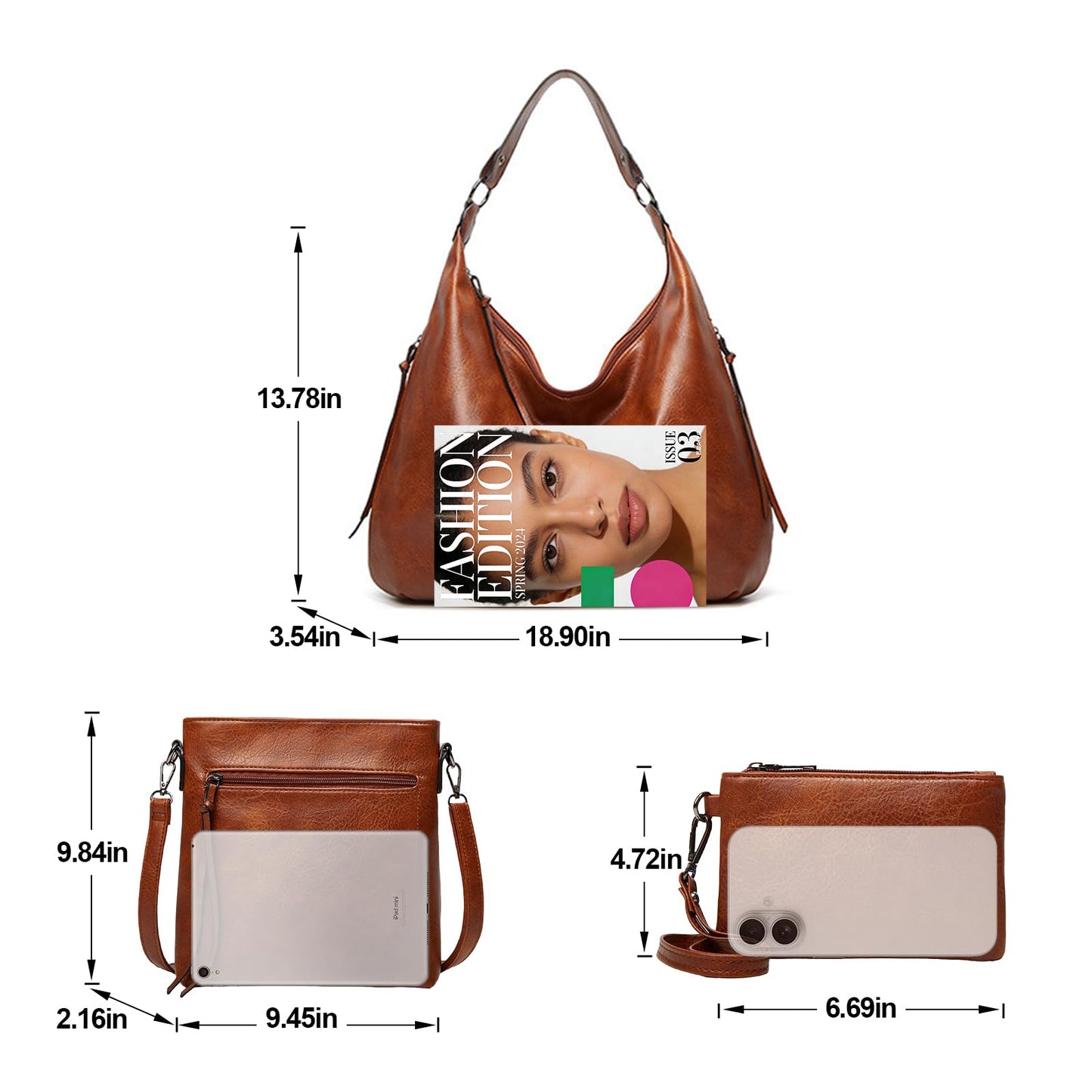 Auralith Soft Leather Handbags for Women - 3 Piece Set with Crossbody Purse & Wristlet, Large Hobo Bags for Work Travel Daily (Brown)
