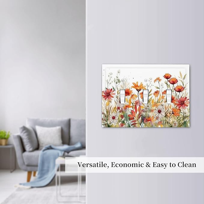 Watercolor Wild Flower Floral 3 Gang Light Switch Covers Triple Toggle Wall Plate Decorative Switchplate Electrical Faceplate for Nursery Bedroom Bathroom Decor