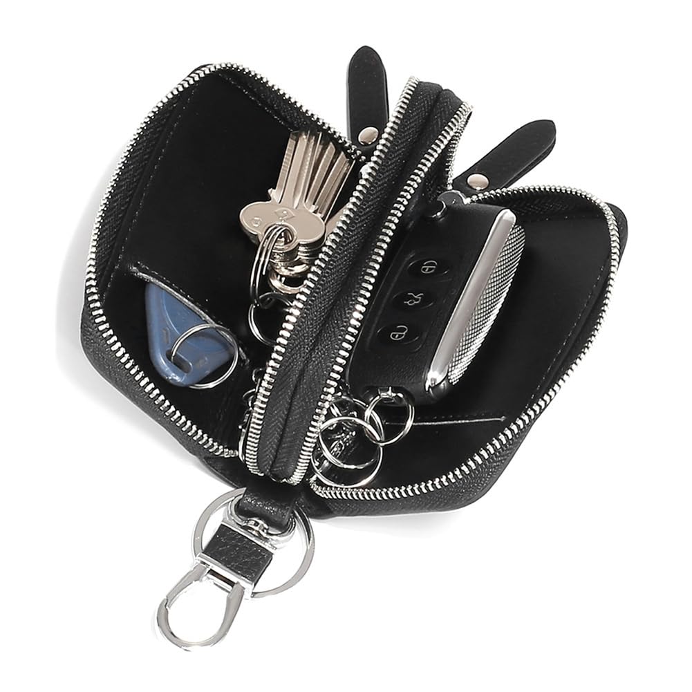 Berfi Life Key Fob Case Genuine Leather, Double Zipper Car Key Holder & Key Wallet with Keychain, Key Pouch for Purse Gift