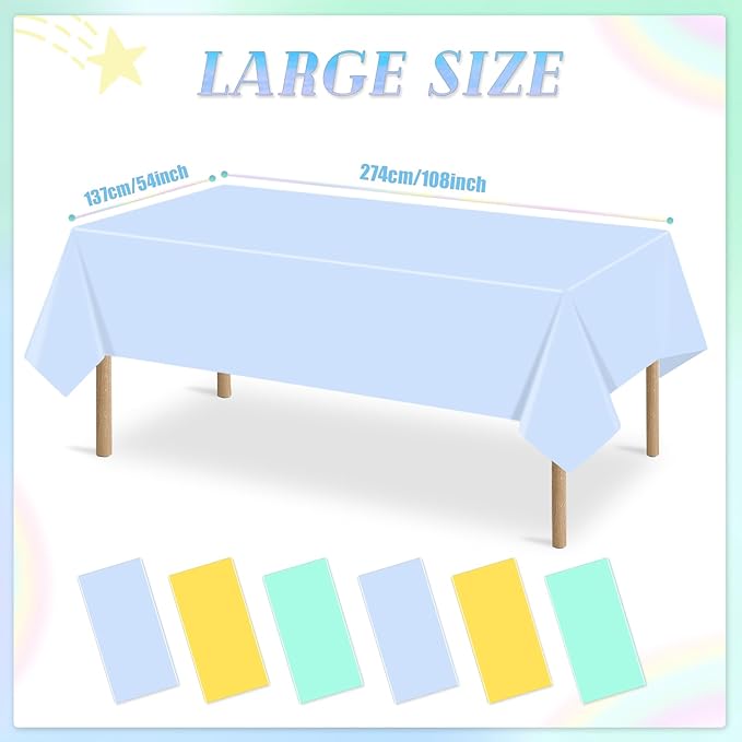 6 Packs Disposable Plastic Tablecloths 54 x 108 Inch Cool Tones Color Rectangle Tablecloth Waterproof and Oil-Proof Table Covers for Boy Birthday Picnic Easter Party Decorations