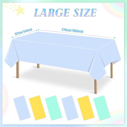6 Packs Disposable Plastic Tablecloths 54 x 108 Inch Cool Tones Color Rectangle Tablecloth Waterproof and Oil-Proof Table Covers for Boy Birthday Picnic Easter Party Decorations