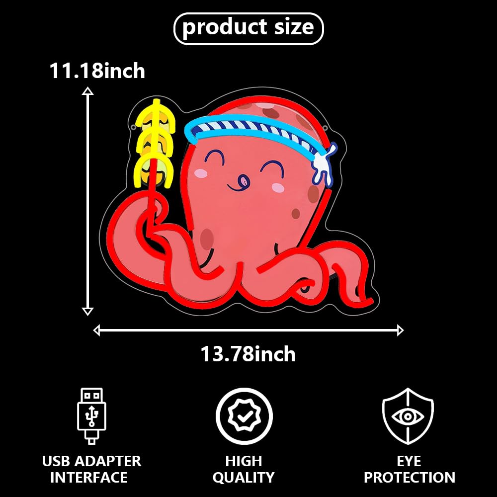 RuCvixkt Takoyaki Octopus Neon Signs for Wall Decor, Japanese Anime Sushi Neon Sign USB Powered Light for Food Shop Kitchen Living Room Restaurant Decoration