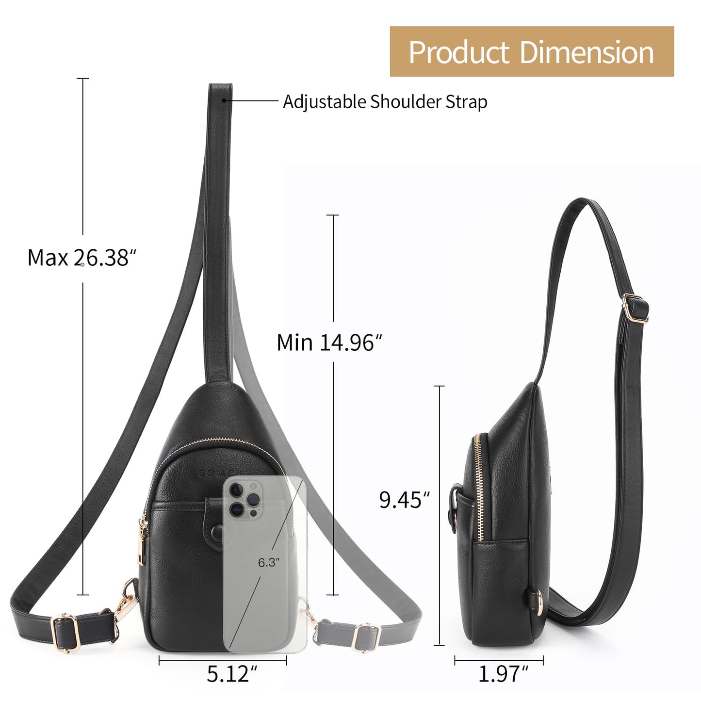 GOIACII Sling Bag for Women Men Leather Fanny Pack Chest Bags for Travel Sport Small Purse Crossbody Black