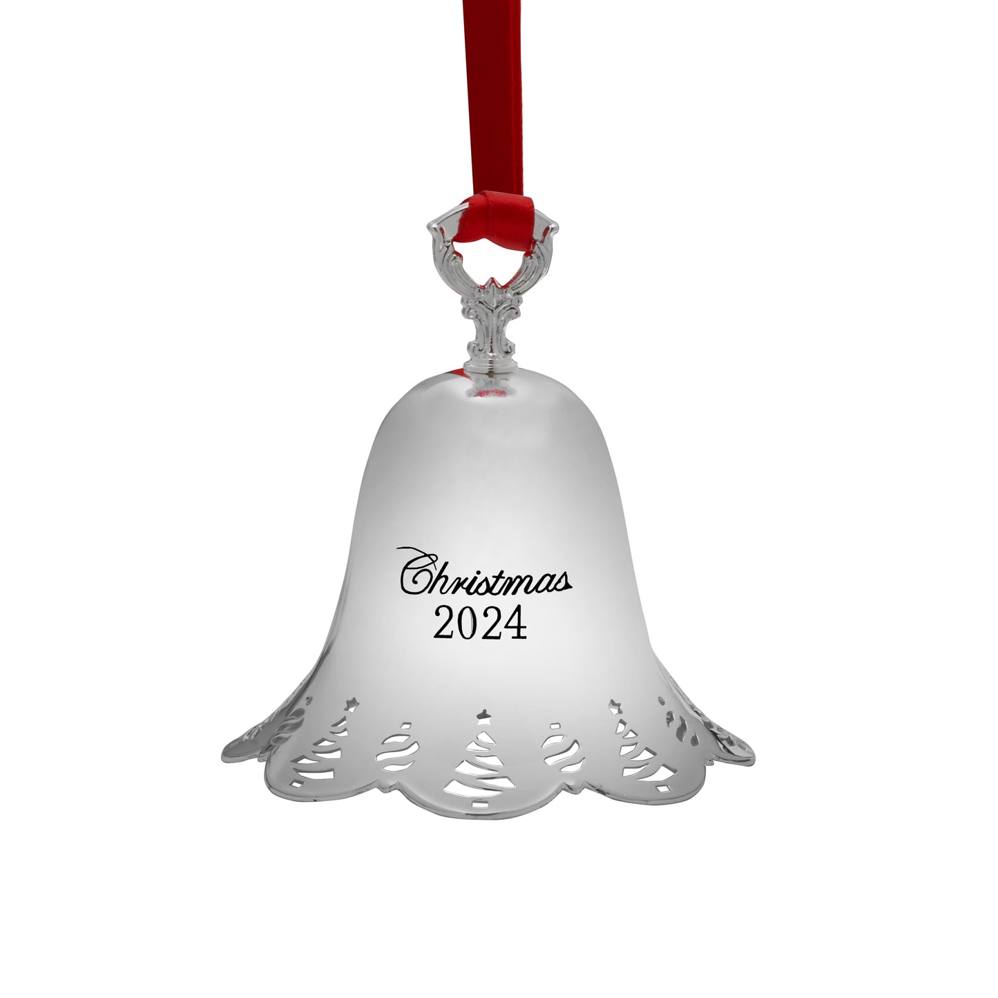 Towle Silver Plated Christmas Bell Ornament 2024-45th Anniversary Edition, Pierced Border with Tree and Ornament Motif, Collectible Holiday Decoration
