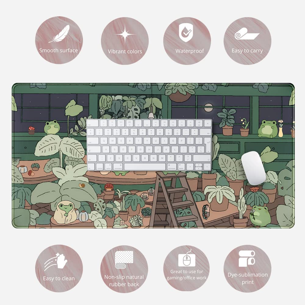 Cute Frog Mouse Pad Desk Pad Kawaii Green Desk Decor Mat, Large Gaming Mouse Pad for Desk Computer Keyboard Laptop, Home Office Accessories for Girl (31.5x15.7 in)-with Stitched Eges Pad