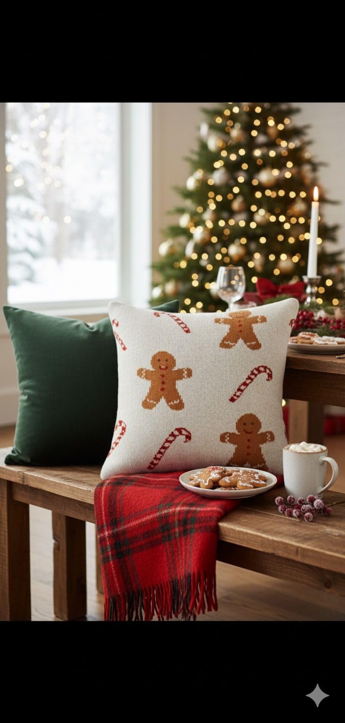 Christmas Decorative Throw Pillow Cover, White with Gingerbread Man and Candy Cane Pattern, Cotton Knit, Holiday Home Decor Pack of 2
