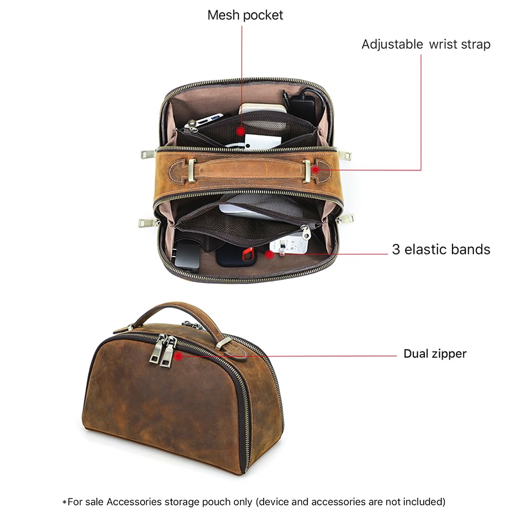 CONTACTS Full Grain Leather Tech Organizer Travel Case for Electronics Accessories Portable Cable Organizer Pouch with Handle, Storage Bag for Charger, Cables, Power Bank, Mouse