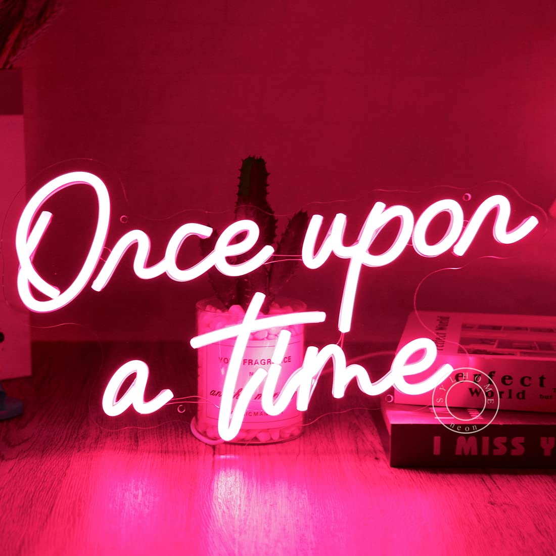 SYLHOME Once Upon A Time Pink LED Neon Light Sign Home Bedroom Kids Room Nursery Wall Decor Sign Words Art Wedding Birthday Bookshelf Decor Christmas Gifts 5V USB 15.8"X8.9"