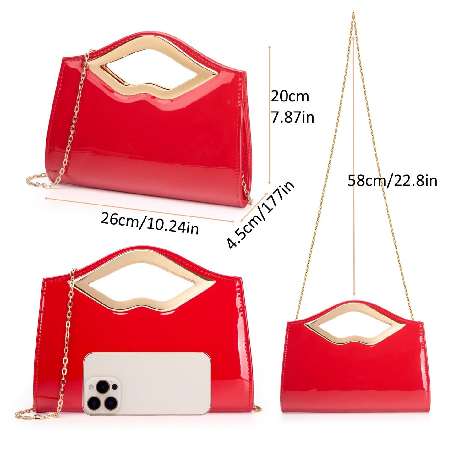 DETARA Patent Leather Evening Clutch Purse for Women Lip Metal Grip Handle Handbag for Cocktail Party Prom (Red 1386)