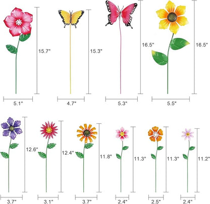 hogardeck Garden Decor for Outside, Set of 10 Metal Flowers Decorative Garden Stakes for Spring Decor, Yard Art Garden Decorations for Outdoor Lawn Porch Pathway (Multi-Color) (Color b)