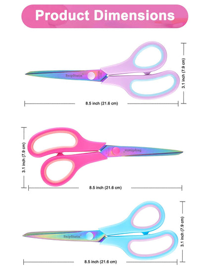 SnipStation 8.5" Multipurpose Office Scissors Heavy Duty, Titanium Coating Sharp Blades, Ergonomic Semi-Soft Rubber Grip, Scissors All Purpose for Sewing, School, Fabric, Art Craft Supplies, 3-Pack