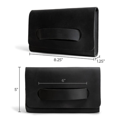 Hide & Drink, Rectangular Clutch Bag With Handle, Wallet for Cards, Money, Stylish Handbag, Full Grain Leather, Handmade, Charcoal Black