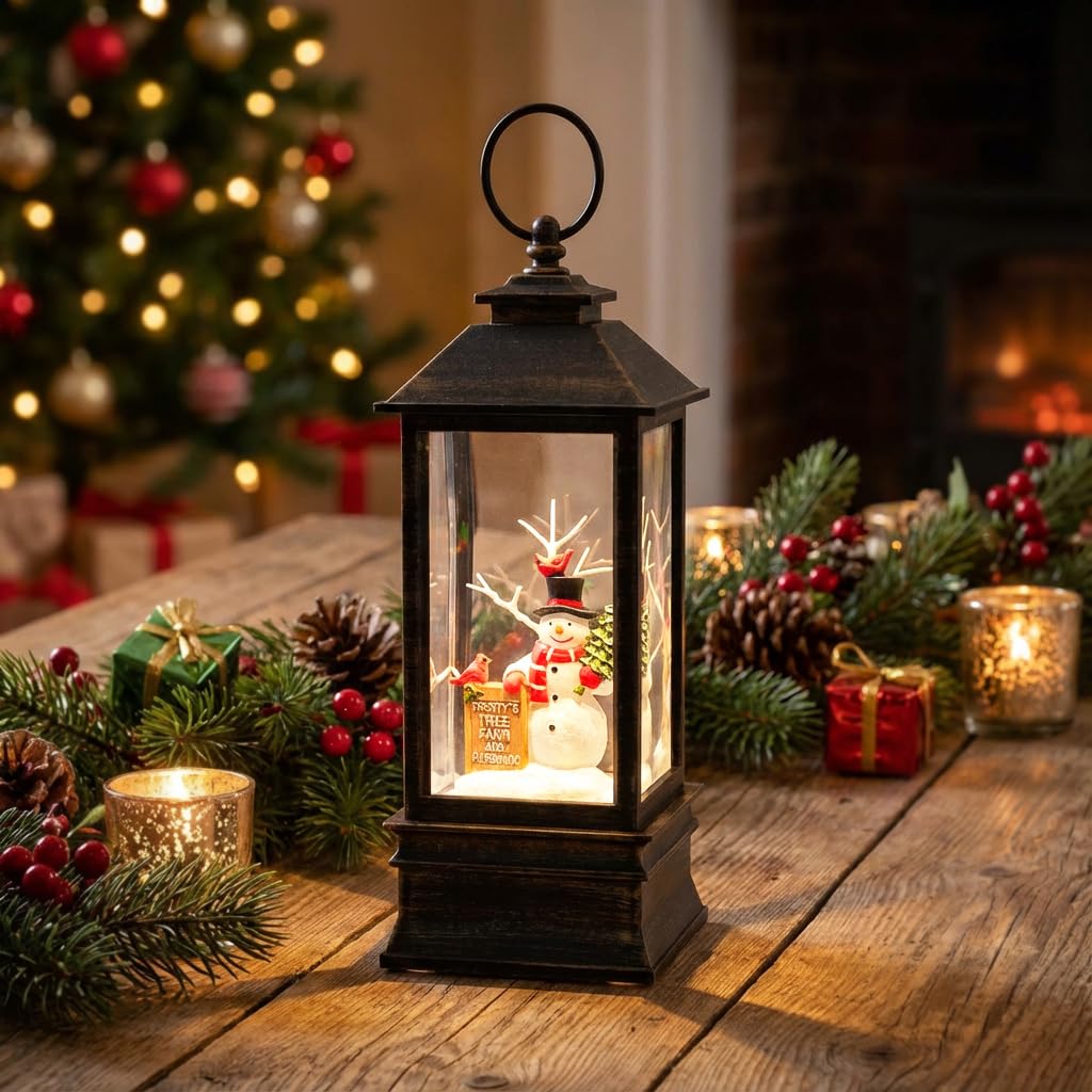 10" Christmas Snow Globe Lantern with Farm Snowman，Lighted Swirling Glittering Snow Globes with Music & Timer, Christmas Decorations for Home Tabletop Indoor