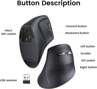 UGREEN Vertical Wireless (Bluetooth 5.0+2.4G) Ergonomic Mouse with 5 Buttons, 1000/1600/2000/4000 DPI, Prevention of Mouse Arm, Vertical Mouse Compatible with PC/Laptop/Tablet, Black
