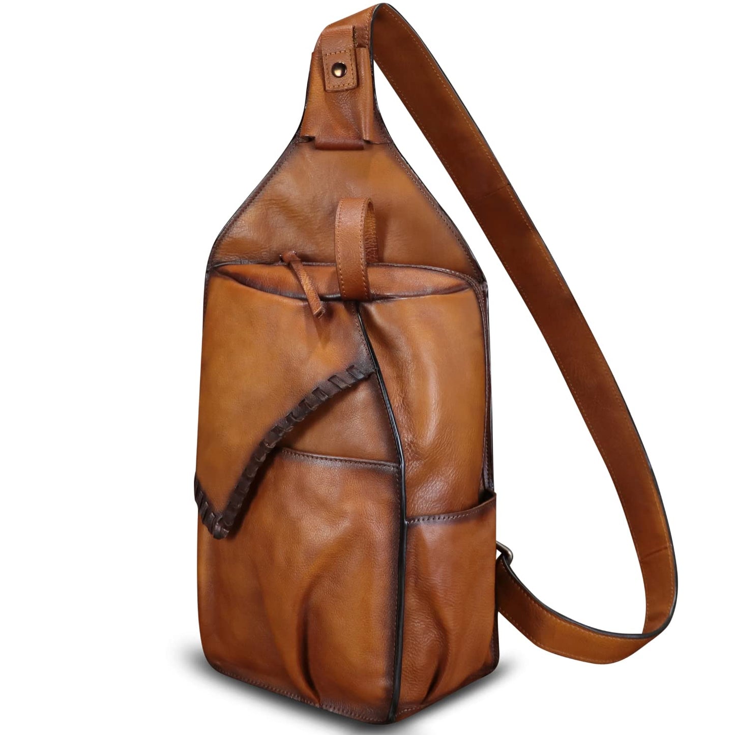 FEIGITOR Genuine Leather Sling Bag for Men Handmade Retro Crossbody Backpack Purse Hiking Daypack Chest Shoulder Fanny Pack (Brown)