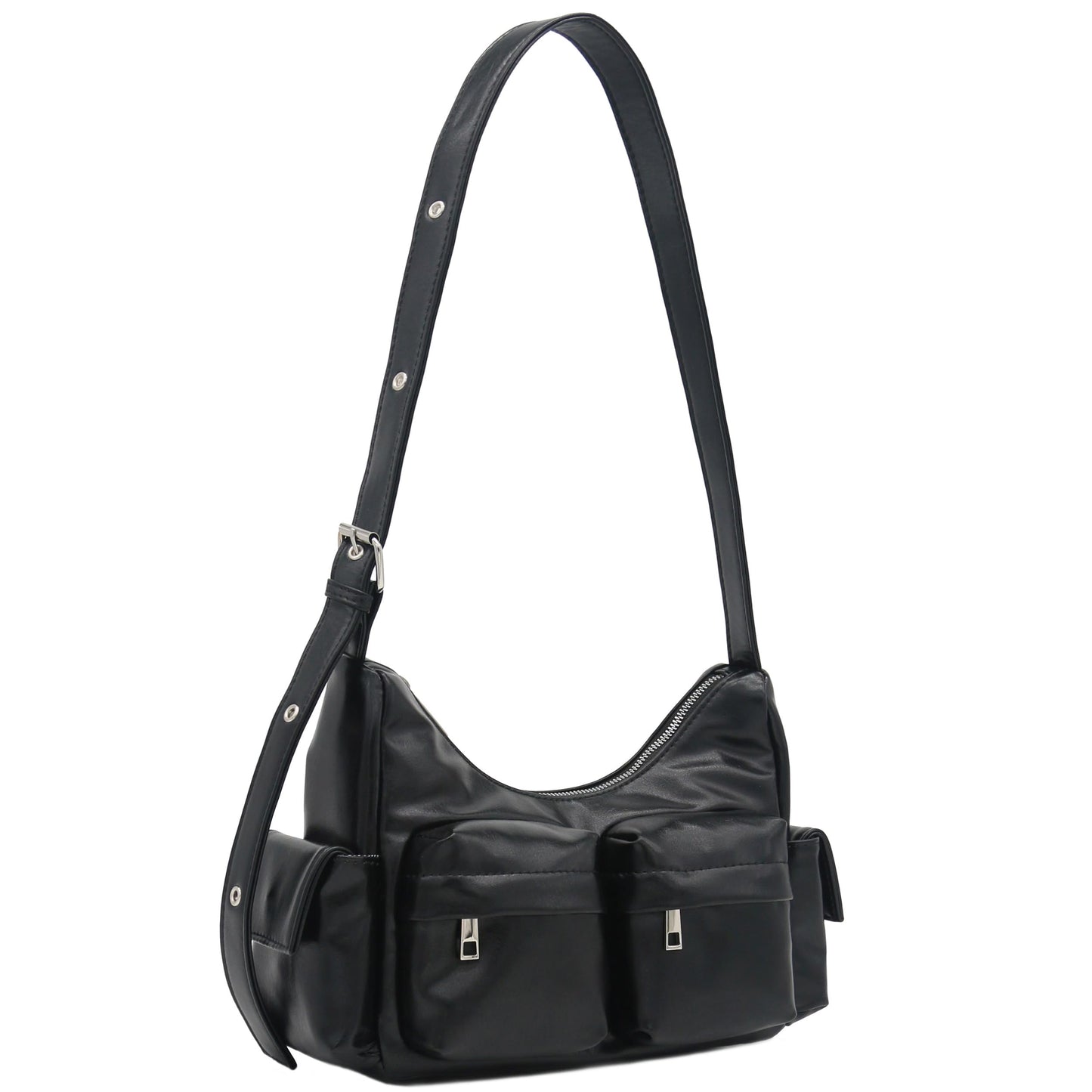 FashionPuzzle Glossy PU Leather Multi Pocket Shoulder Bag Hobo (Black)