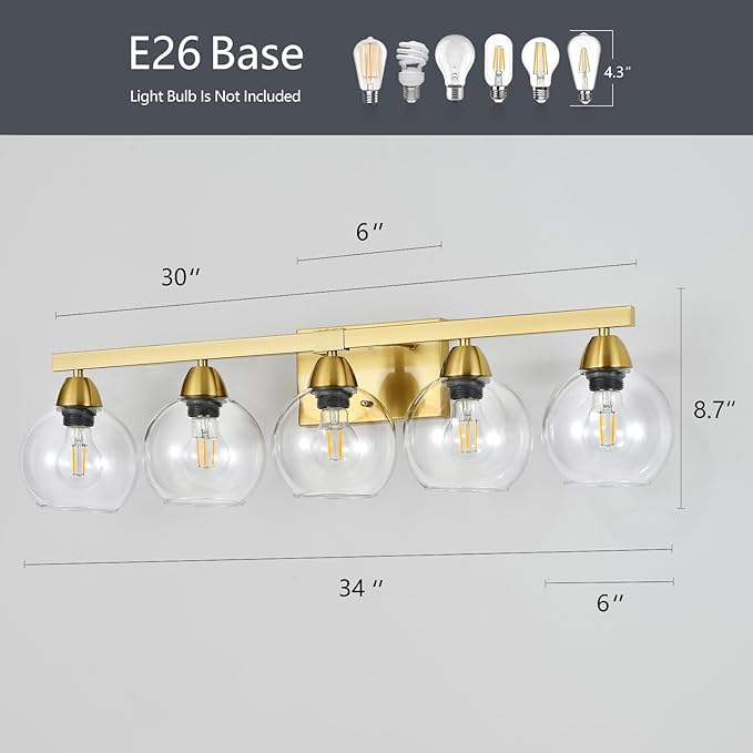 5-Light Bathroom Light Fixtures, Gold Vanity Light with Ultra-Clear Hand-Blown Glass, Durable & Scratch-Resistant, Wall Lamp for Mirror, Bedroom, Hallway