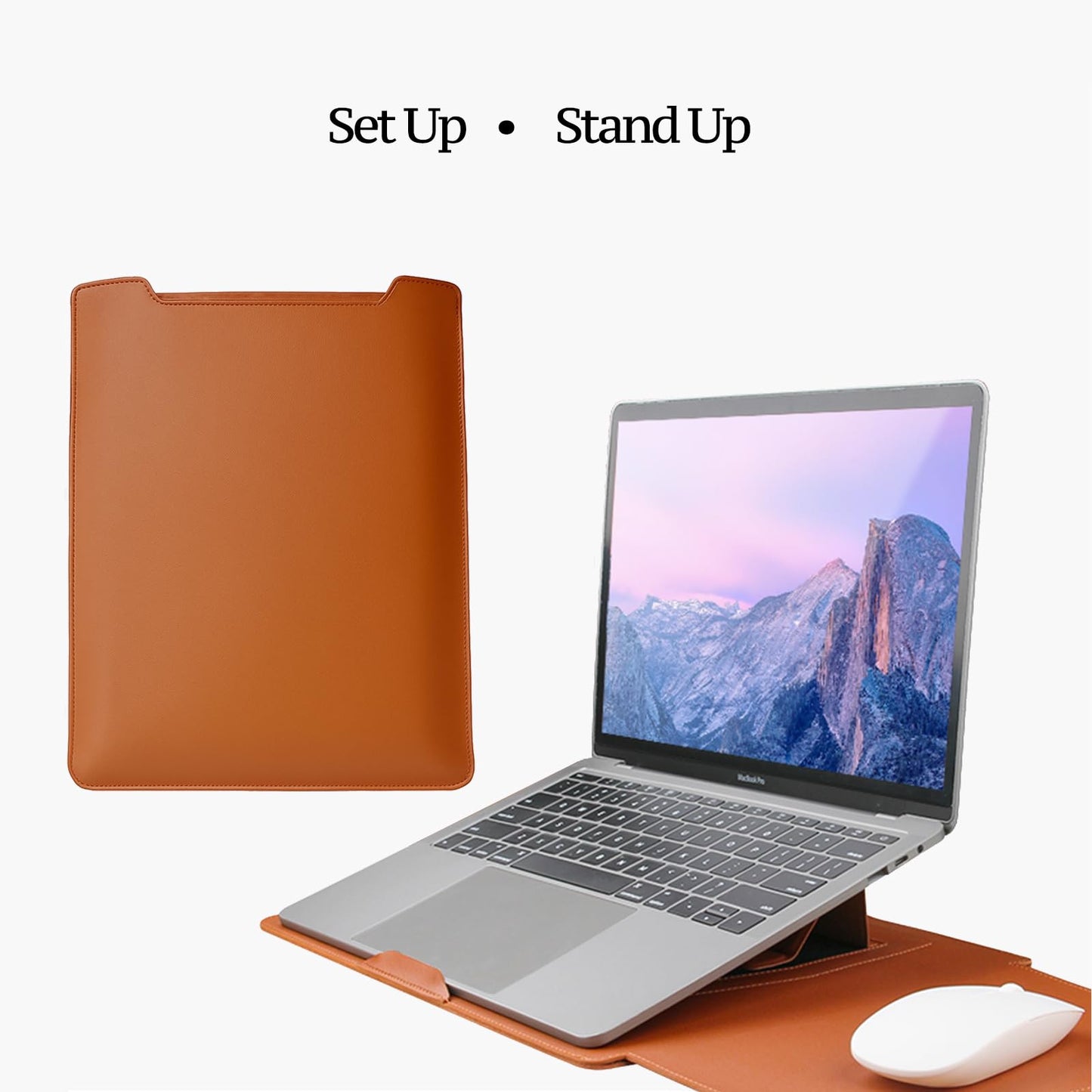 Gyanm 4-in-1 Laptop Sleeve with Stand and Mouse Pad, Faux Leather Protective Case with Accessory Pouch for 13.3-14 Inch Laptops, Brown