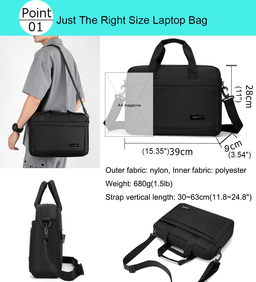 zhongningyifeng Laptop Bag 14 Inch Briefcase for Men Women Waterproof Nylon Lightweight, Shoulder Computer Messenger Bag for Business Office Work Travel College Black