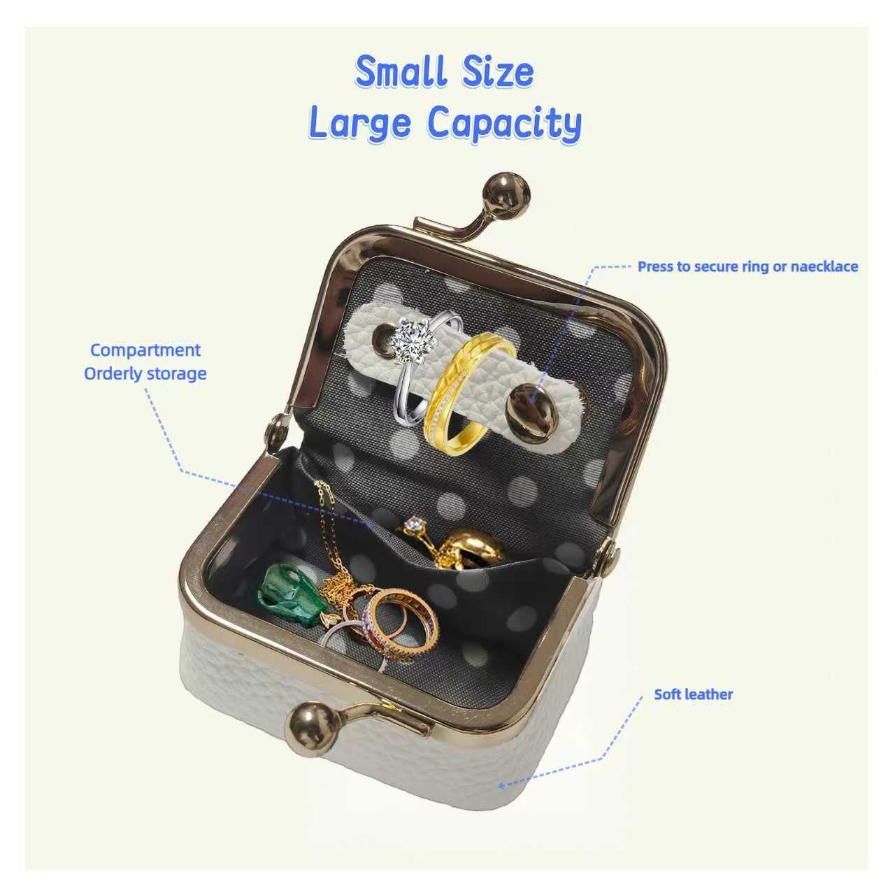 WGO&MJC Genuine Leather Mini Travel Jewelry Box - with Kiss Lock & Coin Purse - for Necklace, Ring, Earrings, Bracelet - Includes Velvet Pouch - Great Gift for Women & Girls (White)