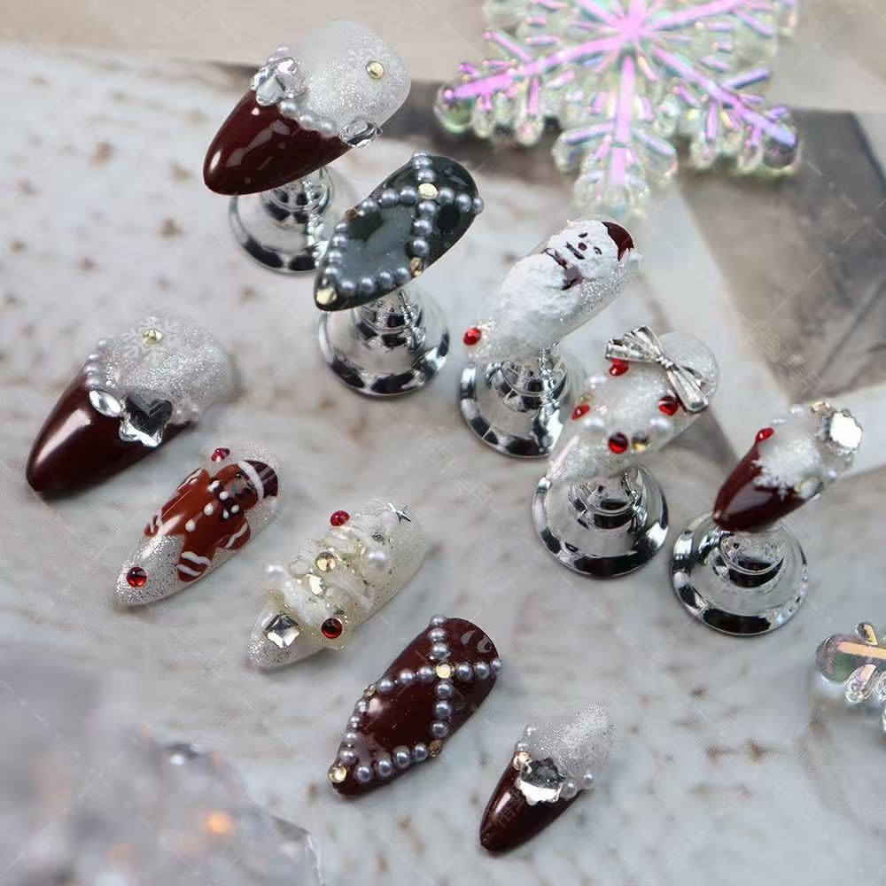 100% Handmade Press on Nails Christmas Press on Nails Medium Almond Shape Dark Red French Tips Snowman Design Rhinestones Christmas Tree Gingerbread Man Wintner Xmas Nails for Women Size M