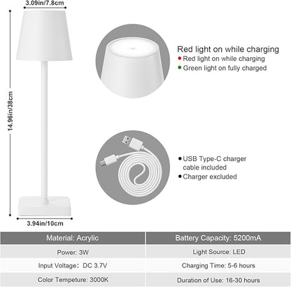 2 Pack Rechargeable Cordless Table Lamps, 5200mAh Battery Touch Table Light, Aluminum Shell Stepless Dimmable Portable LED Desk Lamp for Dinner/Restaurant/Outdoor White