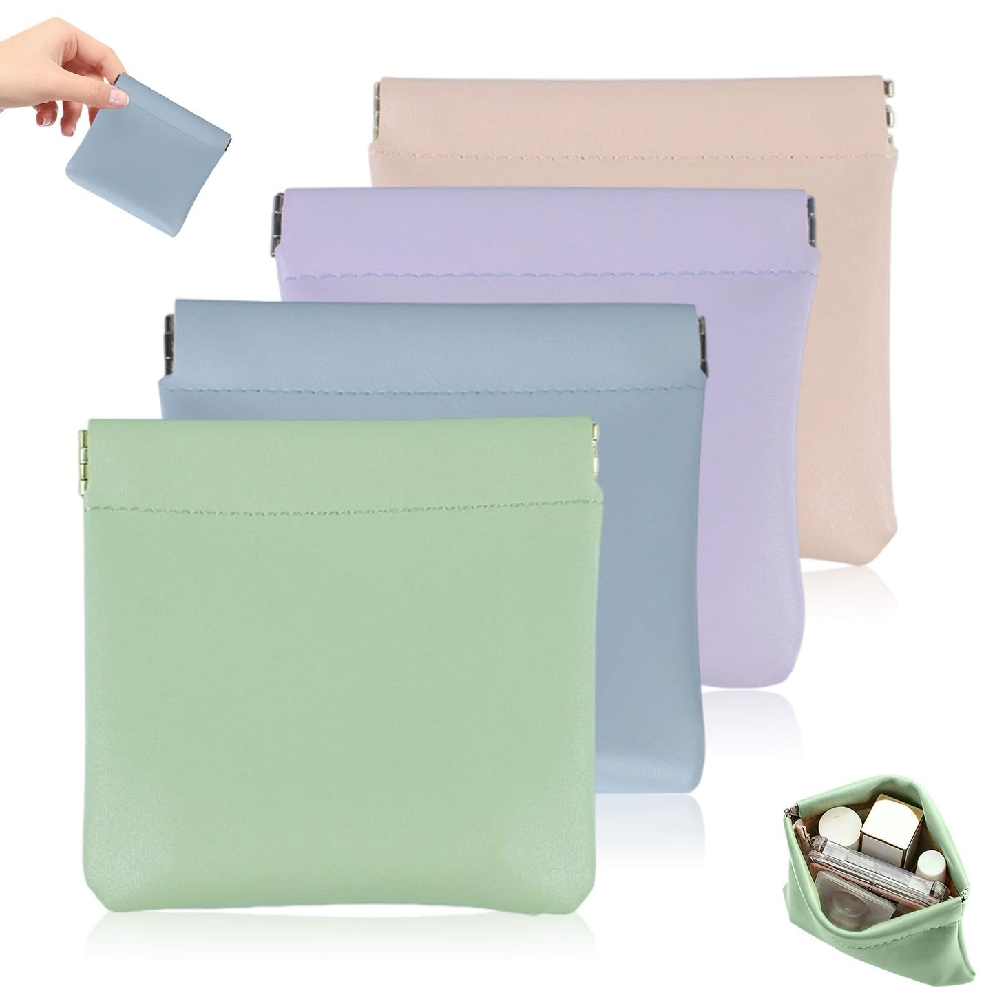 4Pcs Personalized Snap Closure Leather Organizer Pouch, Lambskin Pocket Cosmetic Bag, Portable Self-Closing Small Makeup Bag for Purse Women Mini Travel Coin Storage Pouches(4.7 * 4.5in)