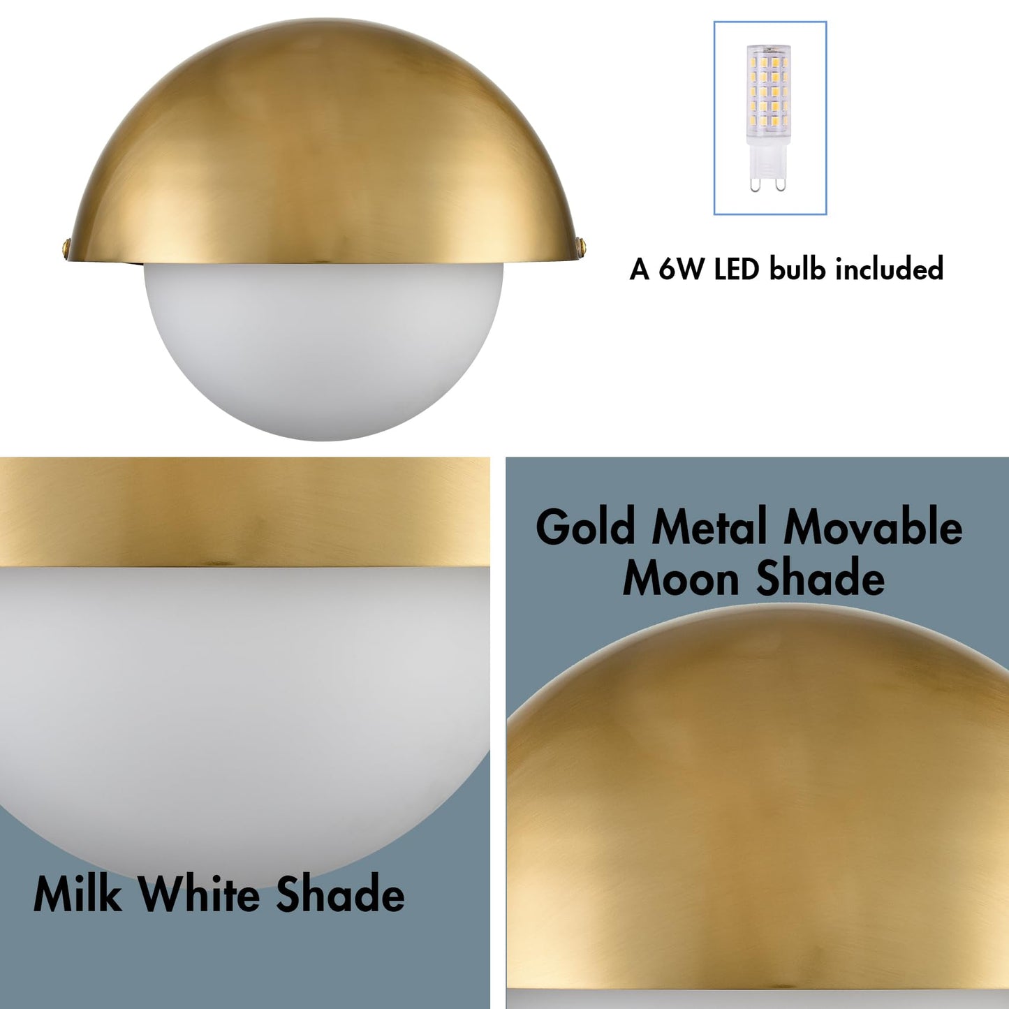 YUBOLE Mid Century Wall Sconce Modern Gold Bathroom Vanity Light Over Mirror with Adjustable Metal Shade and Milky Glass Globe G9 Based Indoor Wall Lamp Wall Mounted Sconce