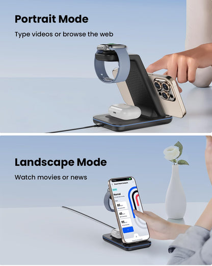 Wireless Charging Station for Apple - 3 in 1 Wireless Charger Stand Dock Watch and Phone Charger Station for Apple Watch 11/8/7/SE/6/5/4/3/2, iPhone 17 16-12 Pro Max SE XS X, Samsung, AirPods Pro/3/2