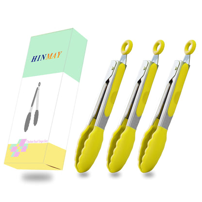 Small Silicone Tongs 7-Inch Mini Serving Tongs, Set of 3 (Black Gray White)