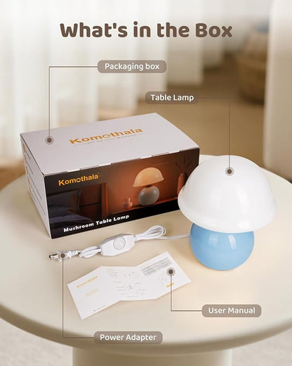 Mushroom Lamp Bedside Table Lamp for Bedroom, Cute Small Lamps with Glass Lampshade, Nightstand Lamp with Dimmer for Living Room Kitchen Apartments Offices Desk Shelves (Blue)