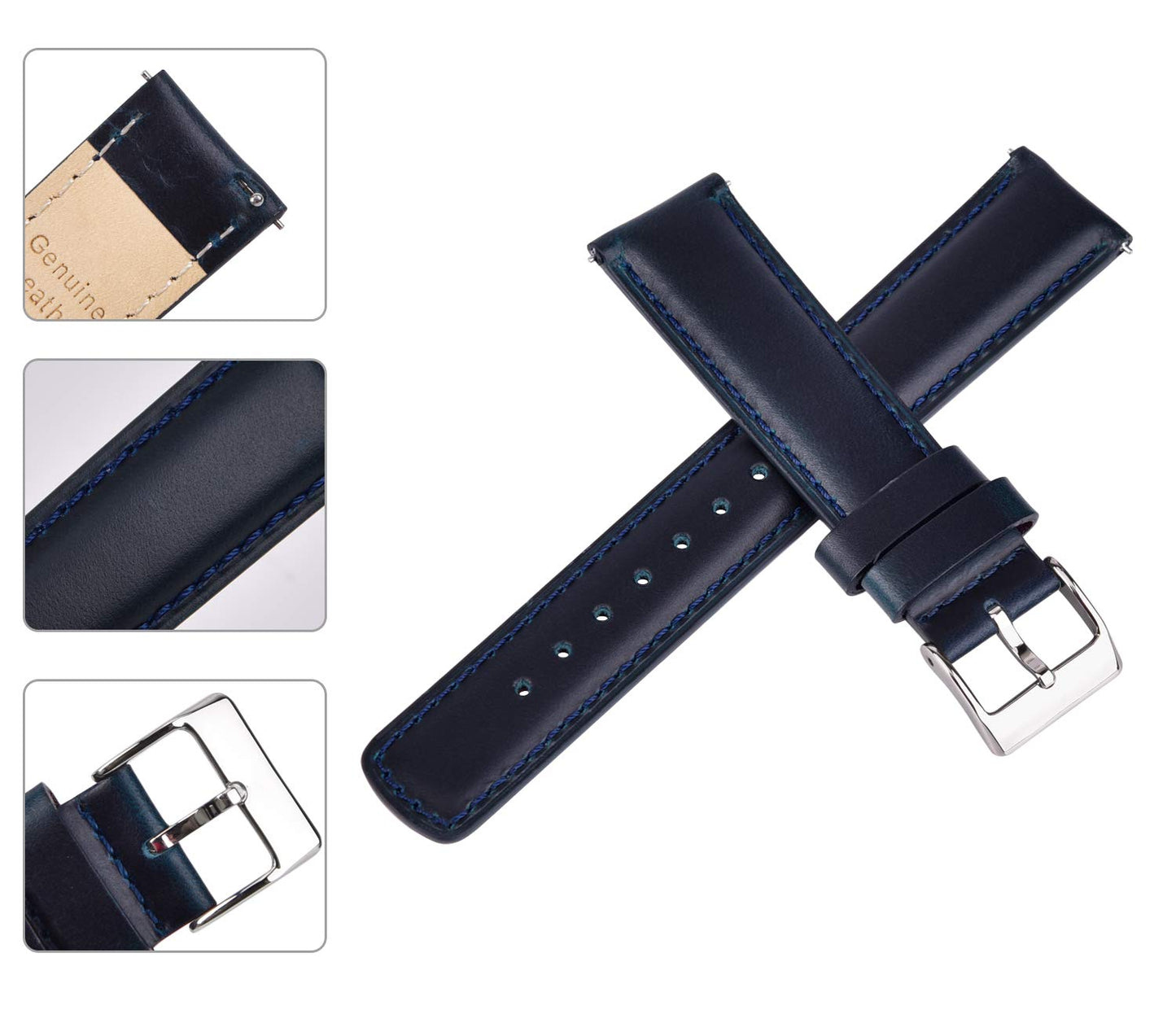 Ritche Quick Release Leather Watch Band 18mm 19mm 20mm 21mm 22mm 23mm 24mm Leather Watch Strap, Dark Blue & Silver, 22 mm, Vintage