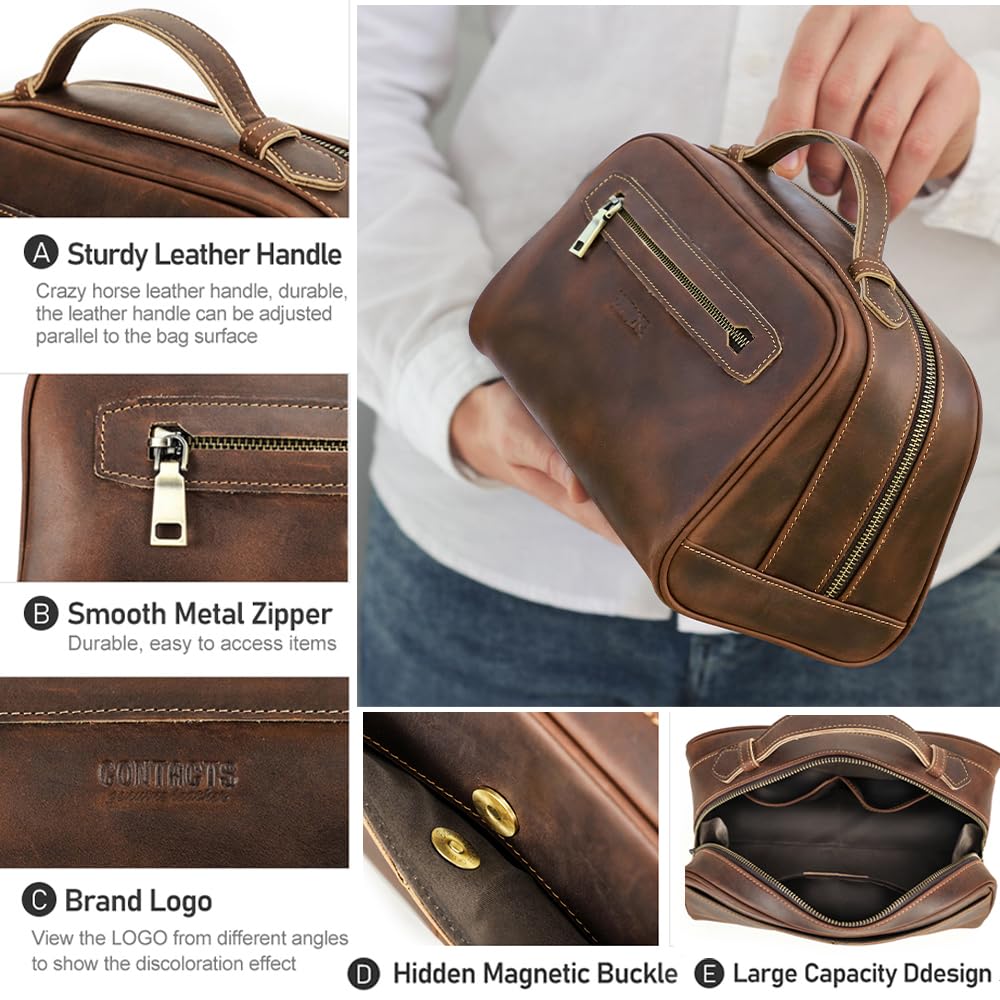 Contacts Full Grain Leather Travel Toiletry Bag for Men Wash Bag Bathroom Shaving Dopp Kit Toiletries Organizer Vintage Cosmetic Bag