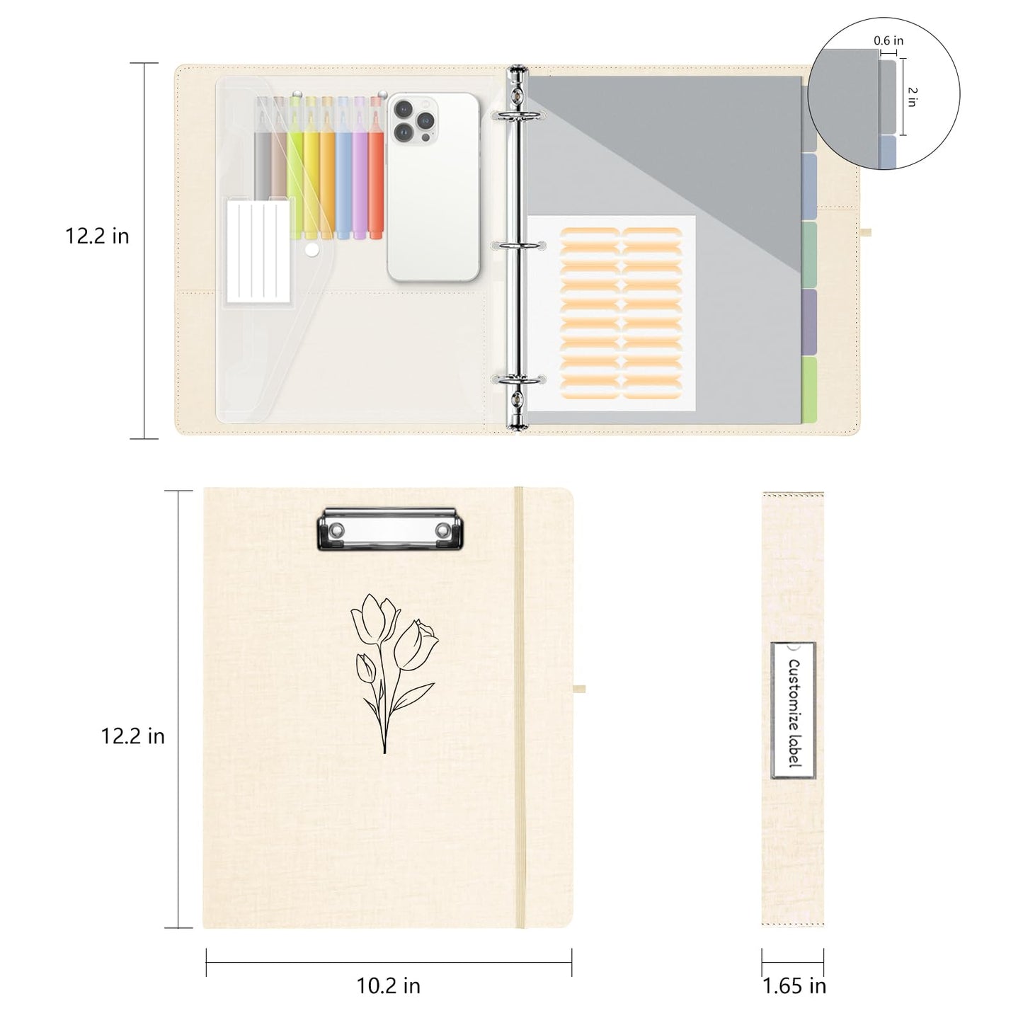 1 Inch 3 Ring Linen Binder Organizer, BVSSX Three Ring Binders with Clipboard, Plastic Folder, 5-Tabs Pocket Dividers with Sticker Labels, Pen Loop, Elastic Strap (Beige, Letter Size)