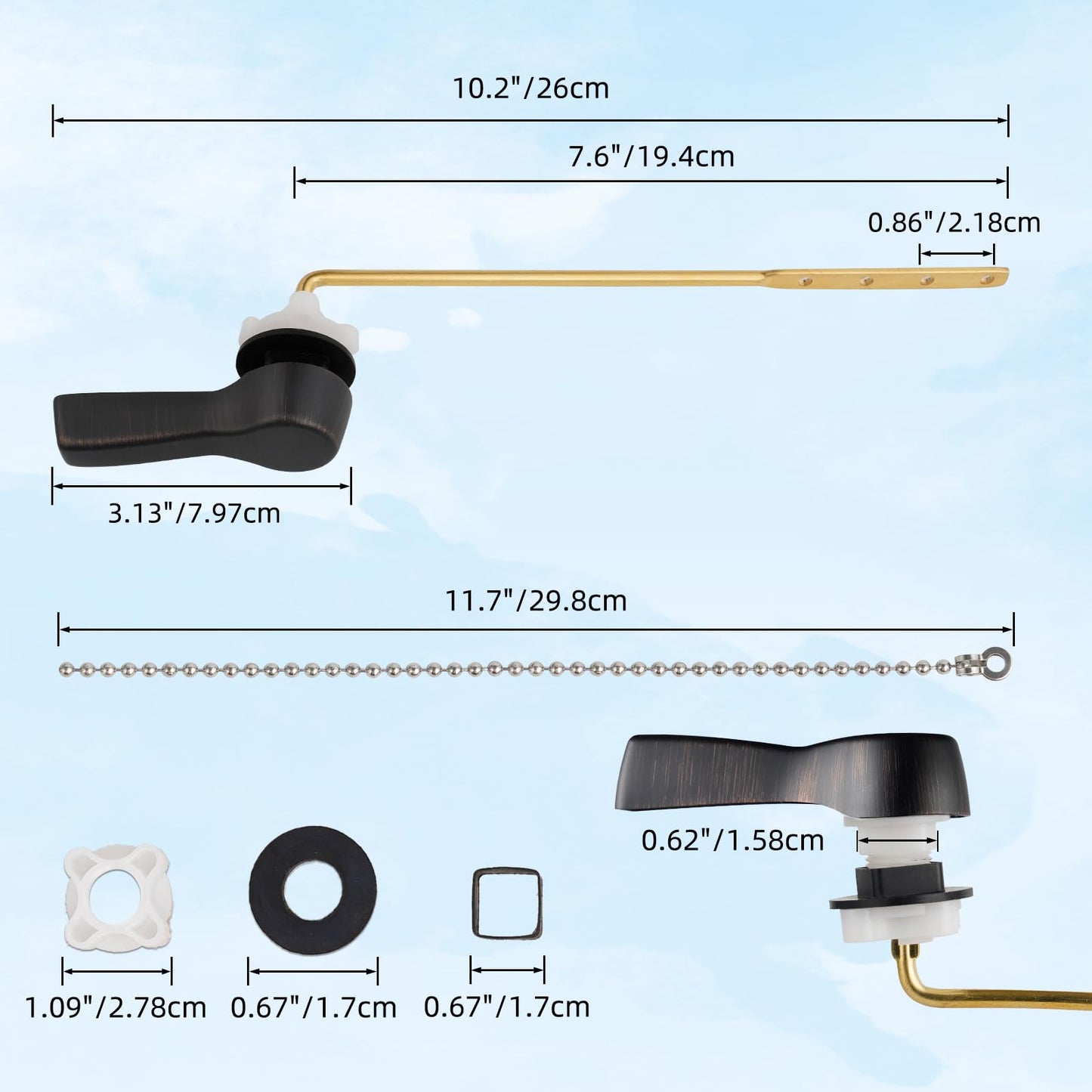 Hibbent Universal Front Mount Metal Toilet Handle Replacement Kit, Brass Toilet Tank Flush Lever with Stainless Steel Adjustable Flapper Chains for Most Toilets, Oil-Rubbed Bronze