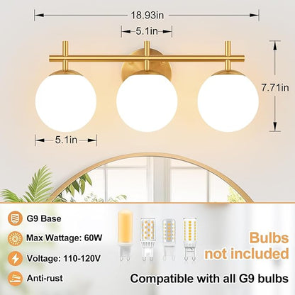 3-Light Bathroom Light Fixtures, Brushed Gold Vanity Lights for Bathroom with Milky White Glass Ball Shades, 18.9 inch Bathroom Lighting Fixtures Over Mirror, Wall Sconce for Bedroom (Exclude G9 Bulb)