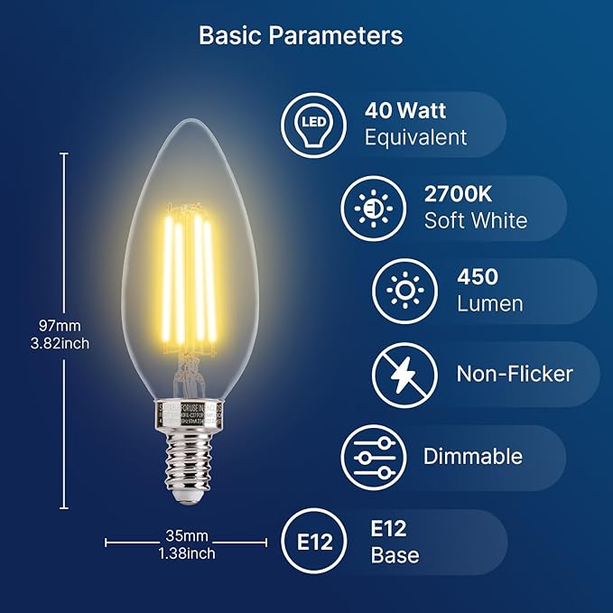FLSNT 40W Equivalent LED Candelabra Bulbs, Dimmable LED Chandelier Bulbs, E12 Base, 450LM, 82 High CRI, 6 Pack, 2700K Soft White UL,CA65 Listed.