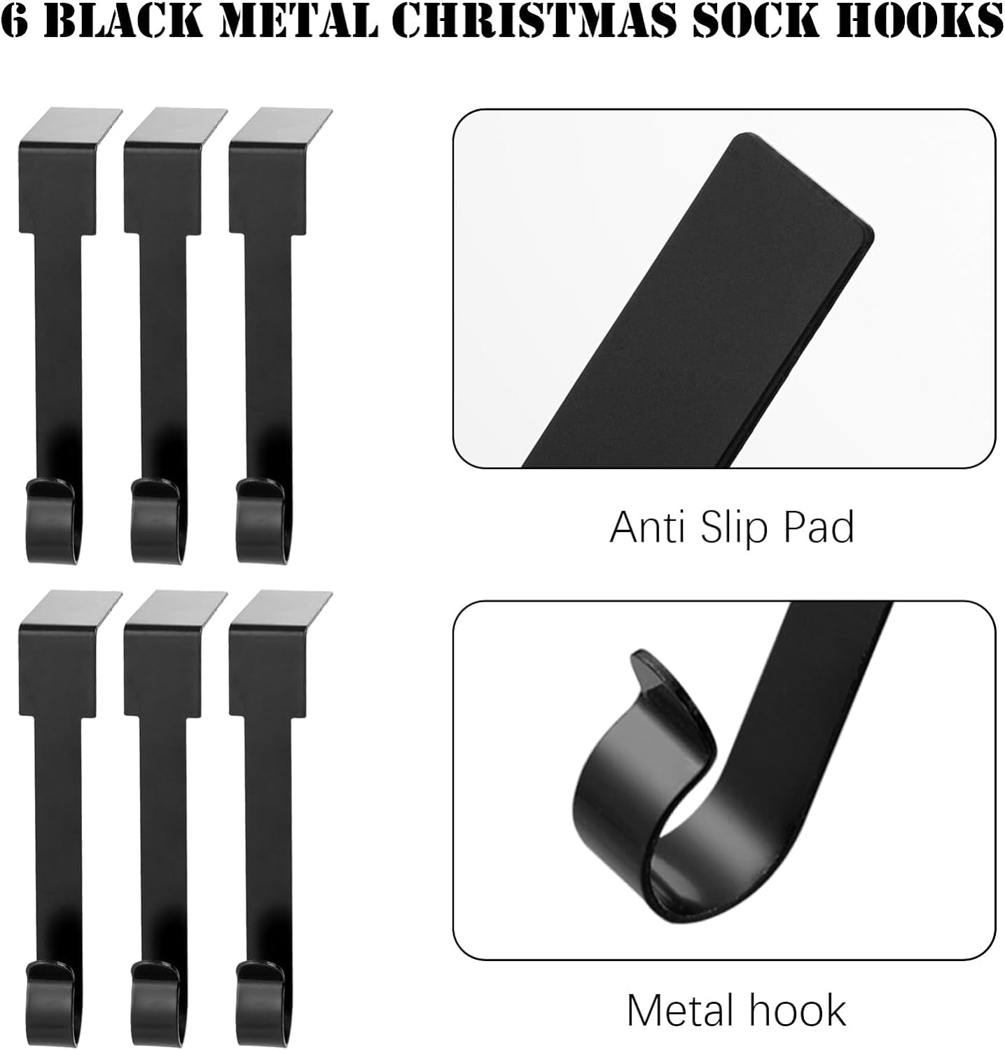 Guojanfon Christmas Stocking Holders, Metal Mantel Hooks Hanger Non-Slip Christmas Stocking Hooks for Fireplace Mantle Christmas Party Decoration (6pcs -Black)