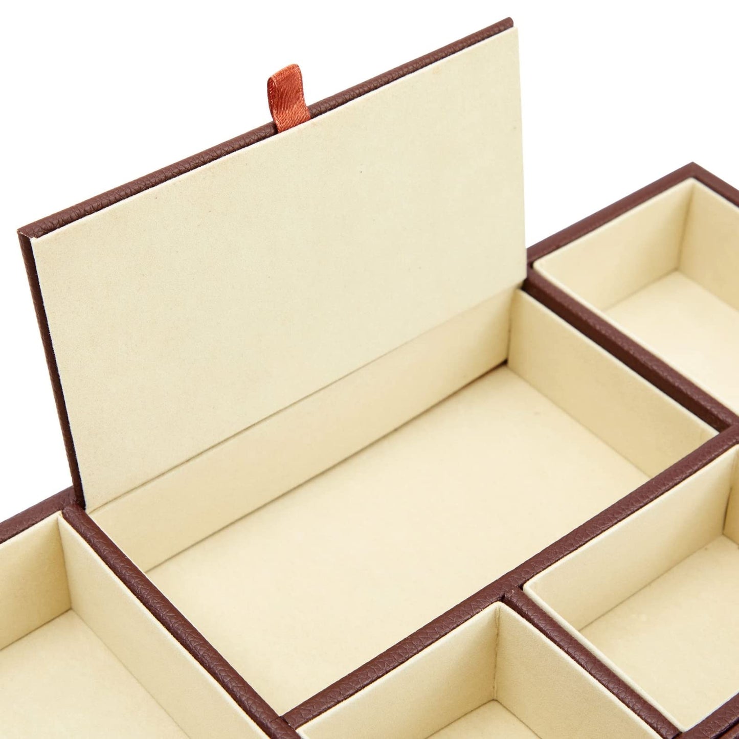 Juvale Rectangular Catchall Tray - 6-Compartment Nightstand Organizer - Polished Key Bowl - Portable Drawer Organizer - Brown Faux Leather