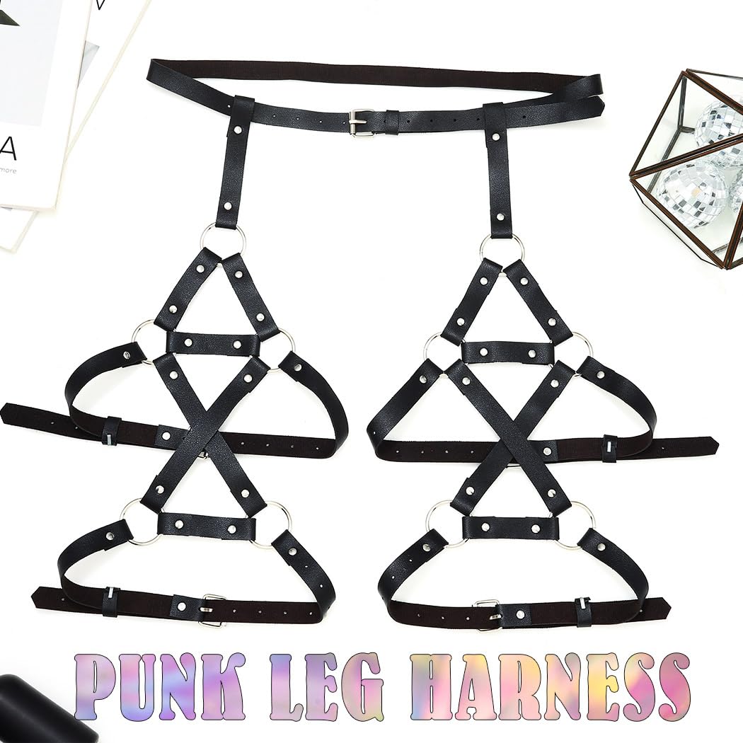 REETAN Leather Thigh Harness Black Rave Fashion Leg Garter Belt for Women